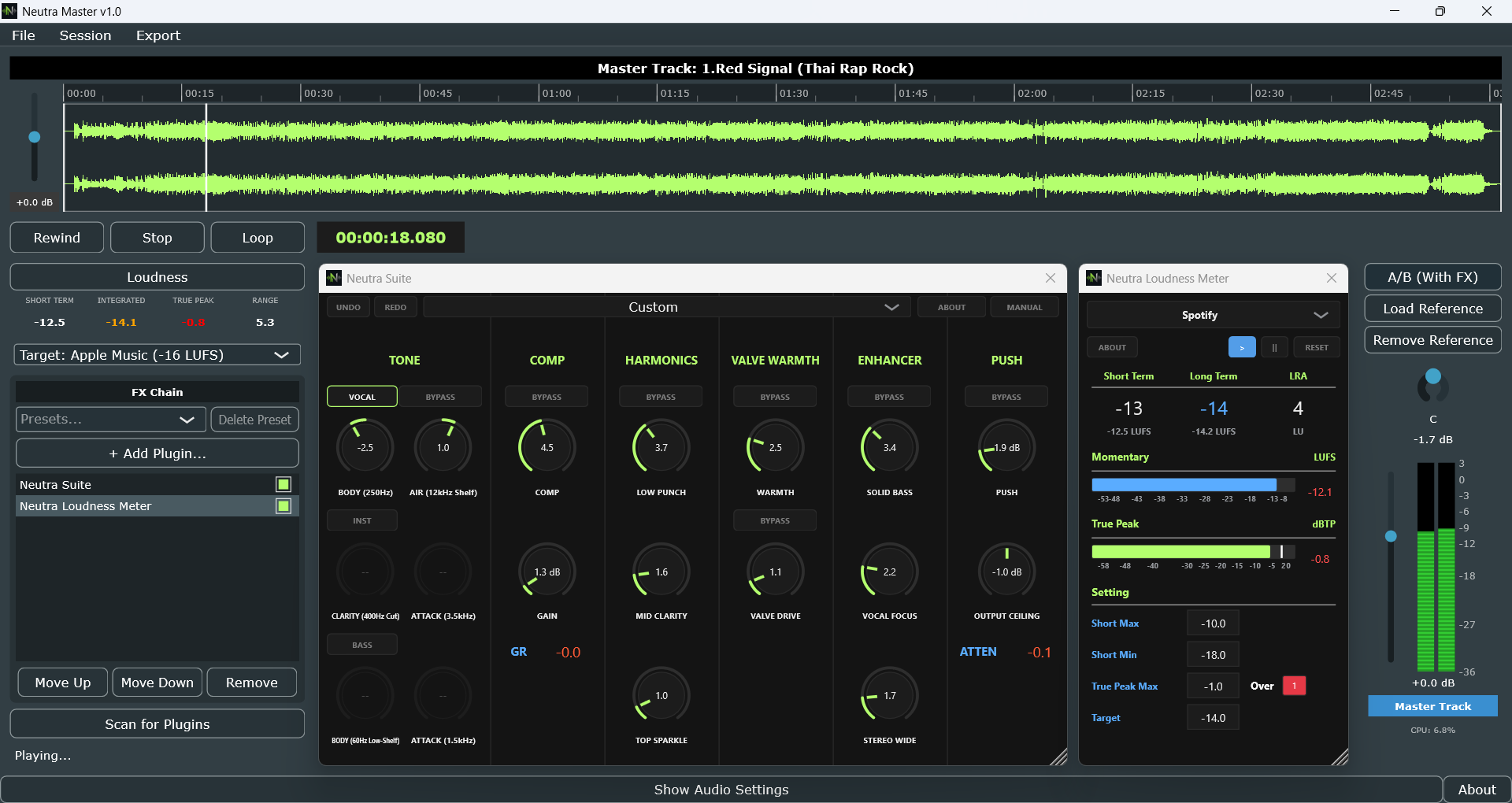 Neutra Master running the full chain with Neutra Suite and Neutra Loudness Meter open