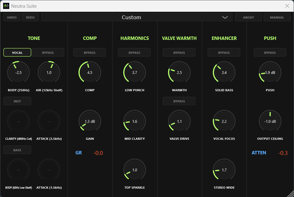 Neutra Suite plugin window showing Tone, Comp, Harmonics, Valve Warmth, Enhancer and Push modules